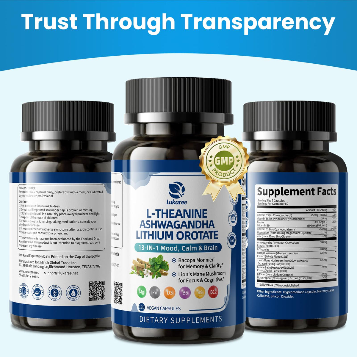 Lithium Orotate 5/10mg, L-Theanine 200mg, Ashwagandha 300mg - Mood Focus Memory Brain Supplements with Bacopa Monnieri, Lion’s Mane, Magnesium, Zinc D3 B6 Folate B12 - FENGGESTORE20