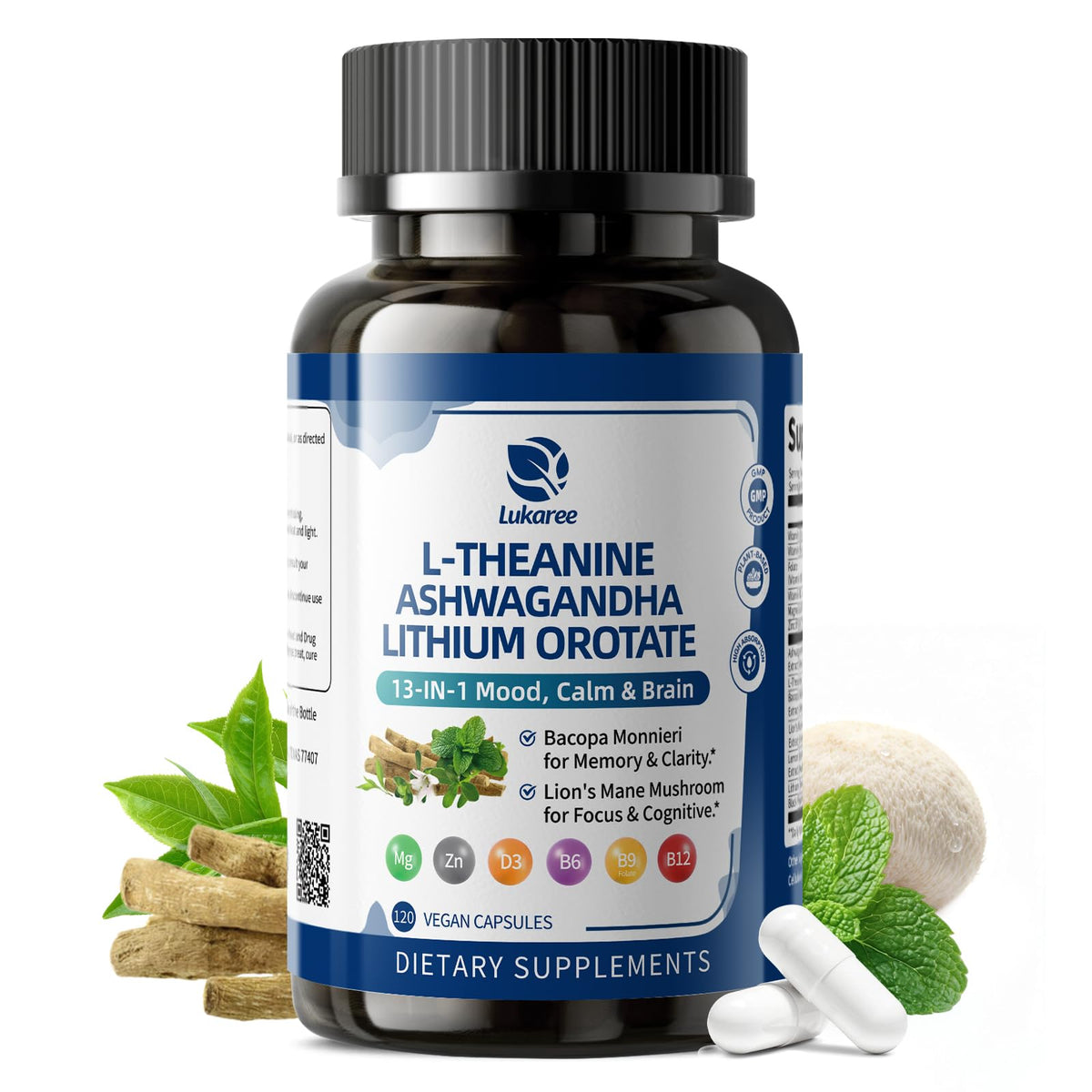Lithium Orotate 5/10mg, L-Theanine 200mg, Ashwagandha 300mg - Mood Focus Memory Brain Supplements with Bacopa Monnieri, Lion’s Mane, Magnesium, Zinc D3 B6 Folate B12 - FENGGESTORE20