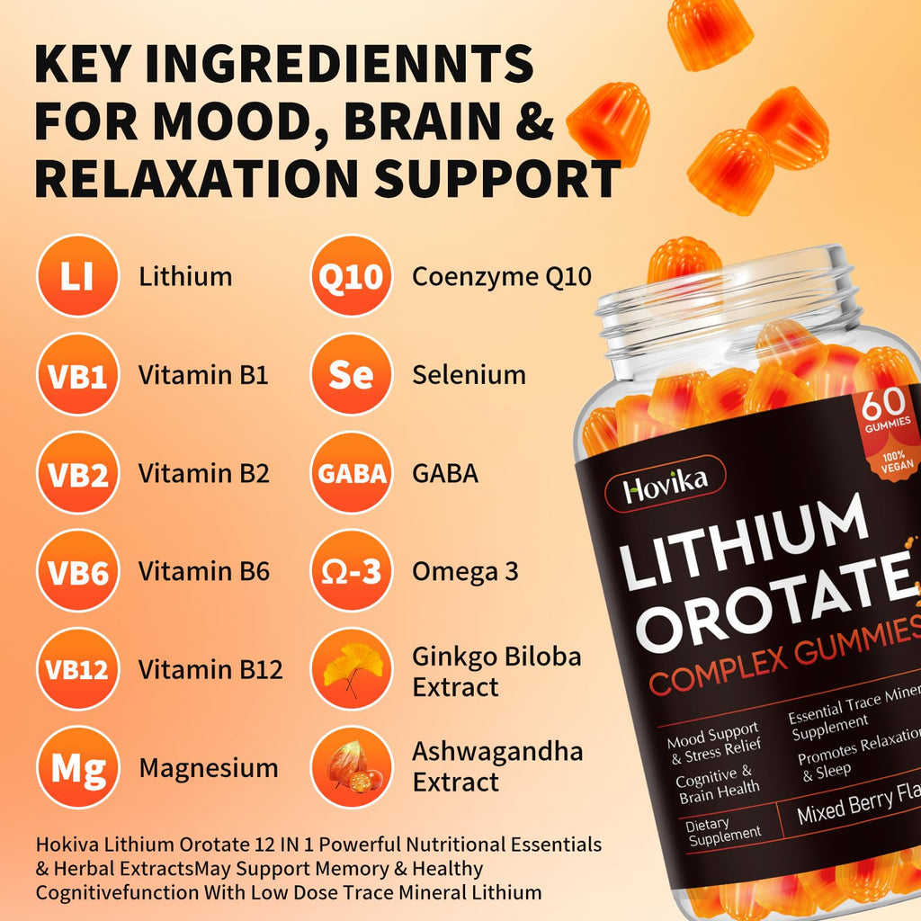 Lithium Orotate 5mg 10mg Gummies Lithium Supplements with Vitamin B, Magnesium & Selenium for Mood Support, Stress Relief, Brain Health, Non-GMO, Vegan, Gluten Free - FENGGESTORE20