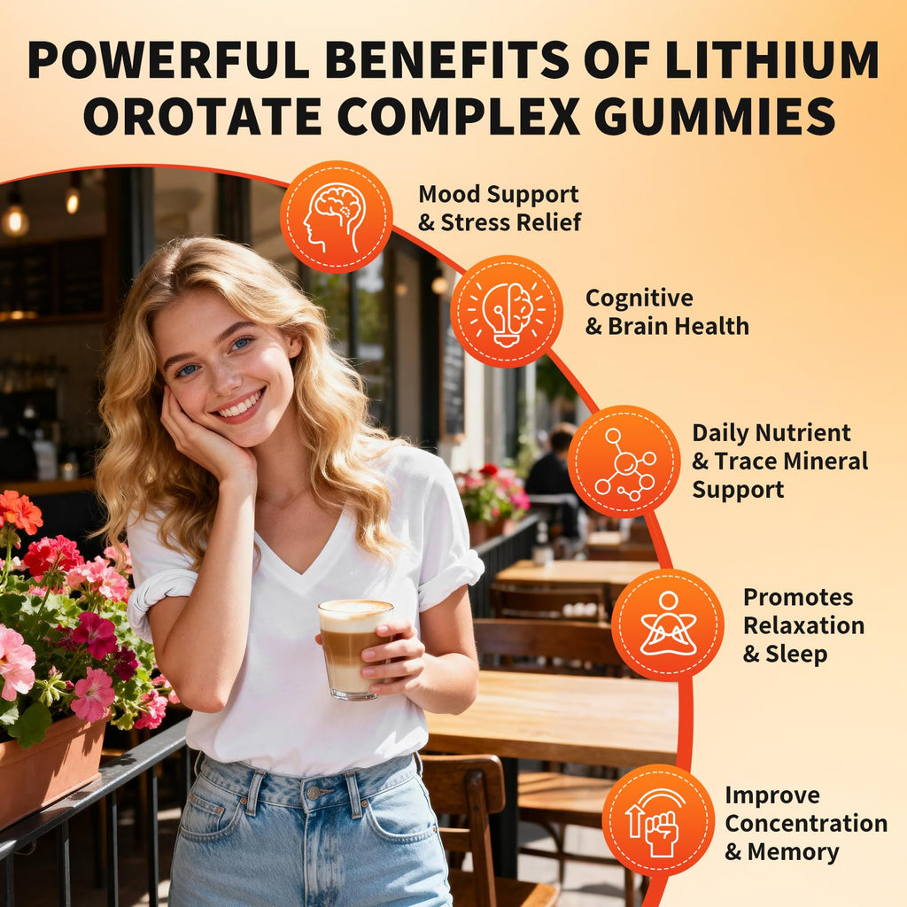 Lithium Orotate 5mg 10mg Gummies Lithium Supplements with Vitamin B, Magnesium & Selenium for Mood Support, Stress Relief, Brain Health, Non-GMO, Vegan, Gluten Free - FENGGESTORE20