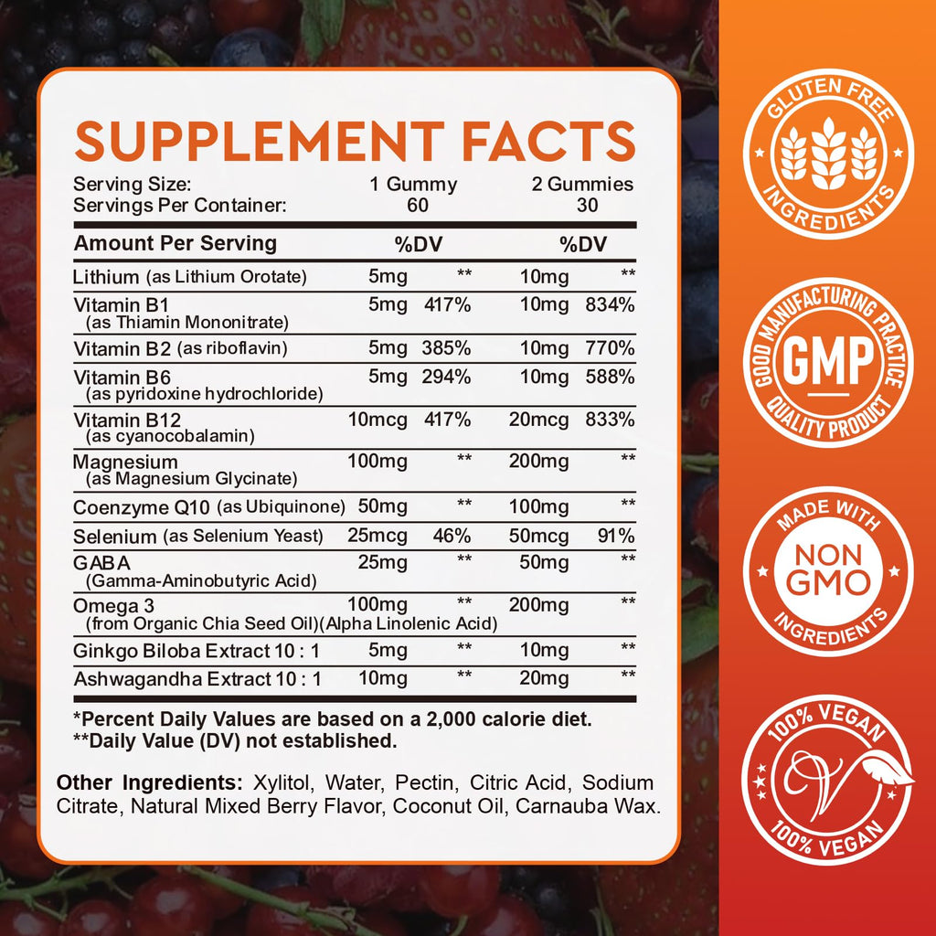 Lithium Orotate 5mg 10mg Gummies Lithium Supplements with Vitamin B, Magnesium & Selenium for Mood Support, Stress Relief, Brain Health, Non-GMO, Vegan, Gluten Free - FENGGESTORE20