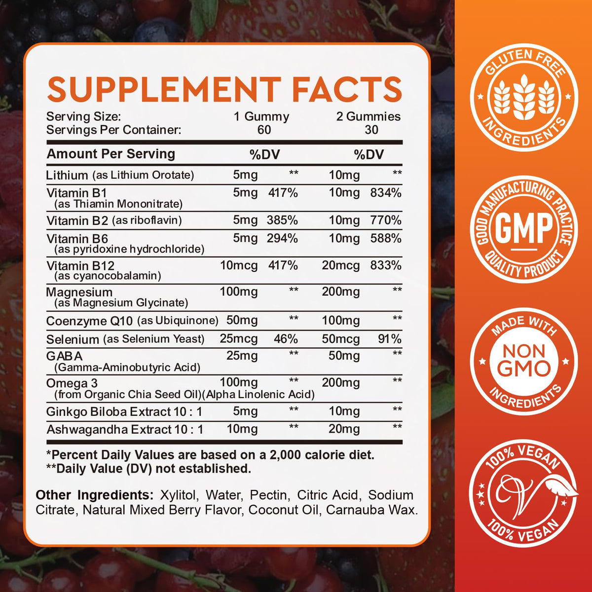 Lithium Orotate 5mg 10mg Gummies Lithium Supplements with Vitamin B, Magnesium & Selenium for Mood Support, Stress Relief, Brain Health, Non-GMO, Vegan, Gluten Free - FENGGESTORE20