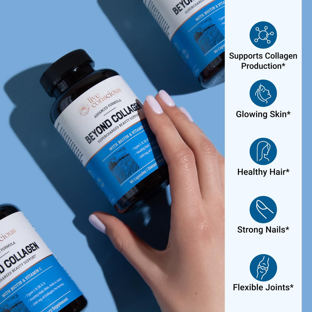 Live Conscious Beyond Collagen Multi Collagen Capsules - Types I, II, III, V & X - Hydrolyzed Blend with Biotin & Vitamin C - FENGGESTORE20