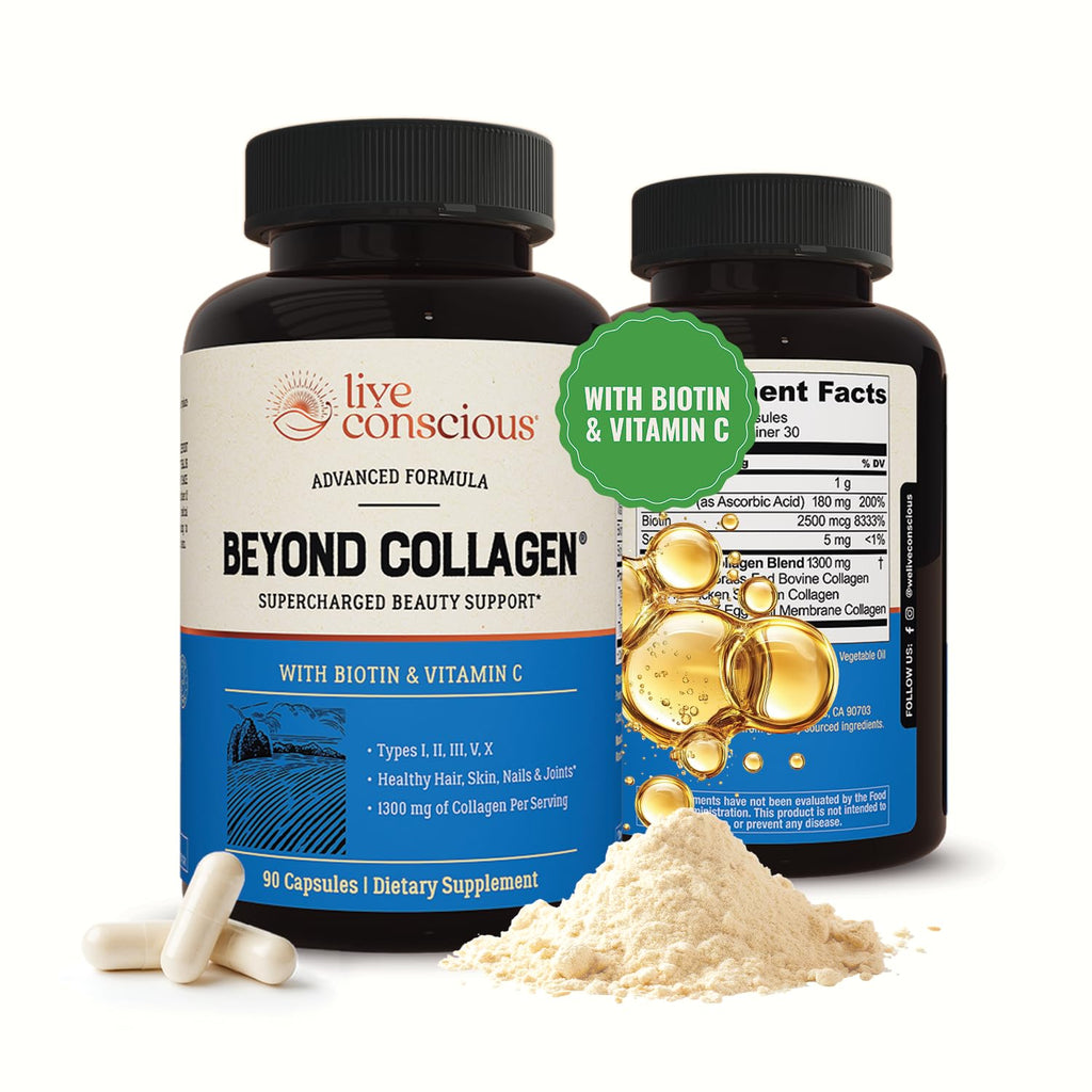 Live Conscious Beyond Collagen Multi Collagen Capsules - Types I, II, III, V & X - Hydrolyzed Blend with Biotin & Vitamin C - FENGGESTORE20