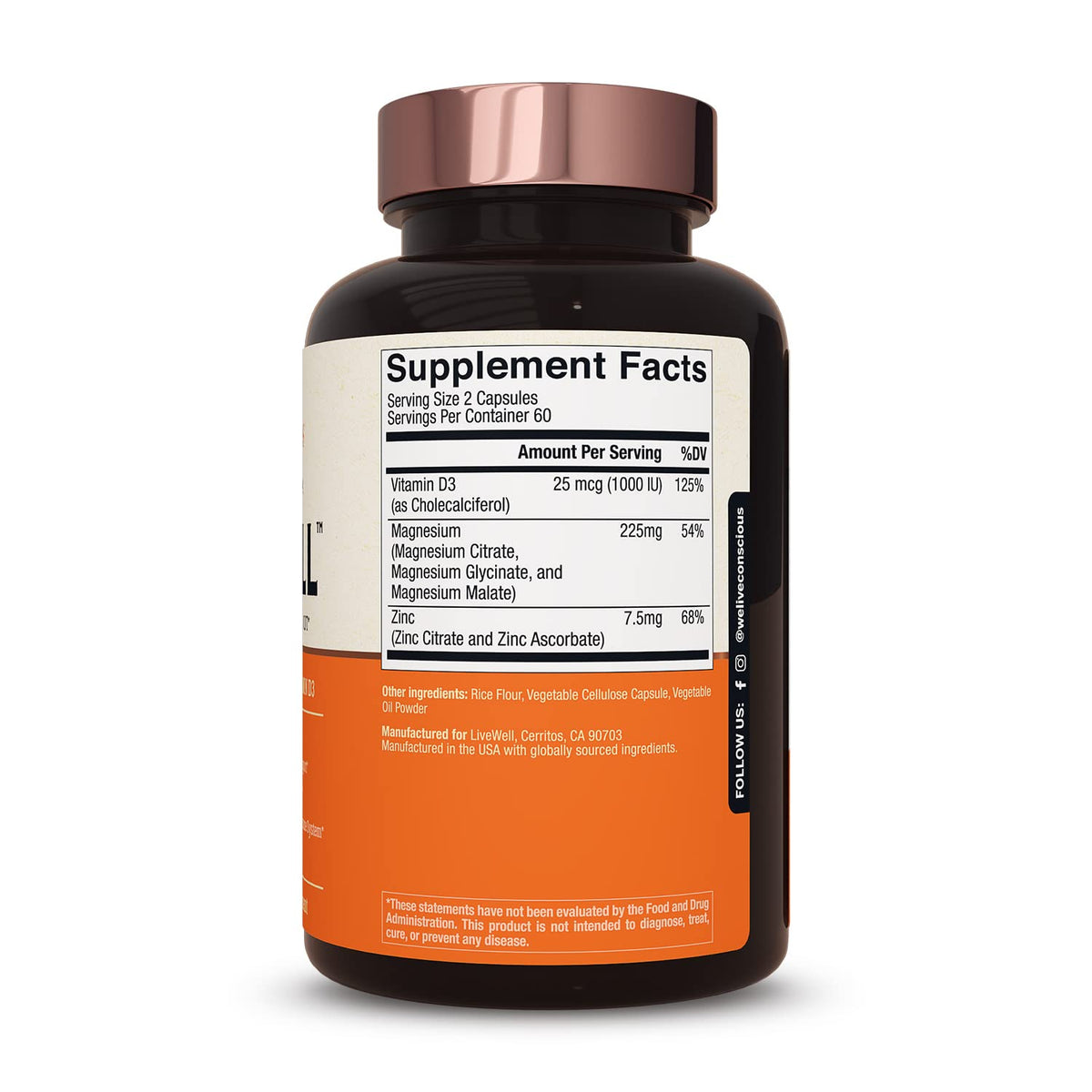 Live Conscious Magwell Magnesium Zinc & Vitamin D3 - Magnesium Glycinate, Malate, & Citrate - Triple Supplement for Women & Men - for Sleep, Bone, Heart, Immune Support - 120 Caps - FENGGESTORE20