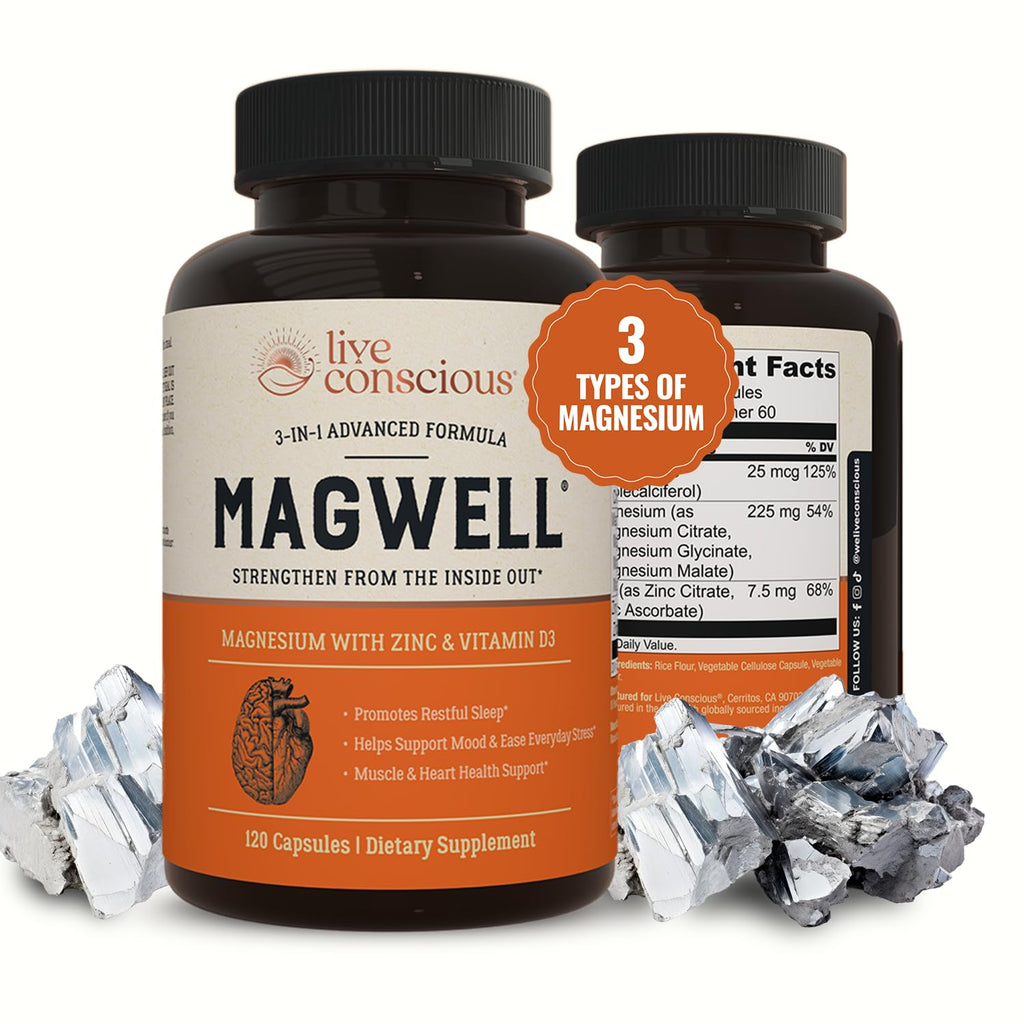 Live Conscious Magwell Magnesium Zinc & Vitamin D3 - Magnesium Glycinate, Malate, & Citrate - Triple Supplement for Women & Men - for Sleep, Bone, Heart, Immune Support - 120 Caps - FENGGESTORE20