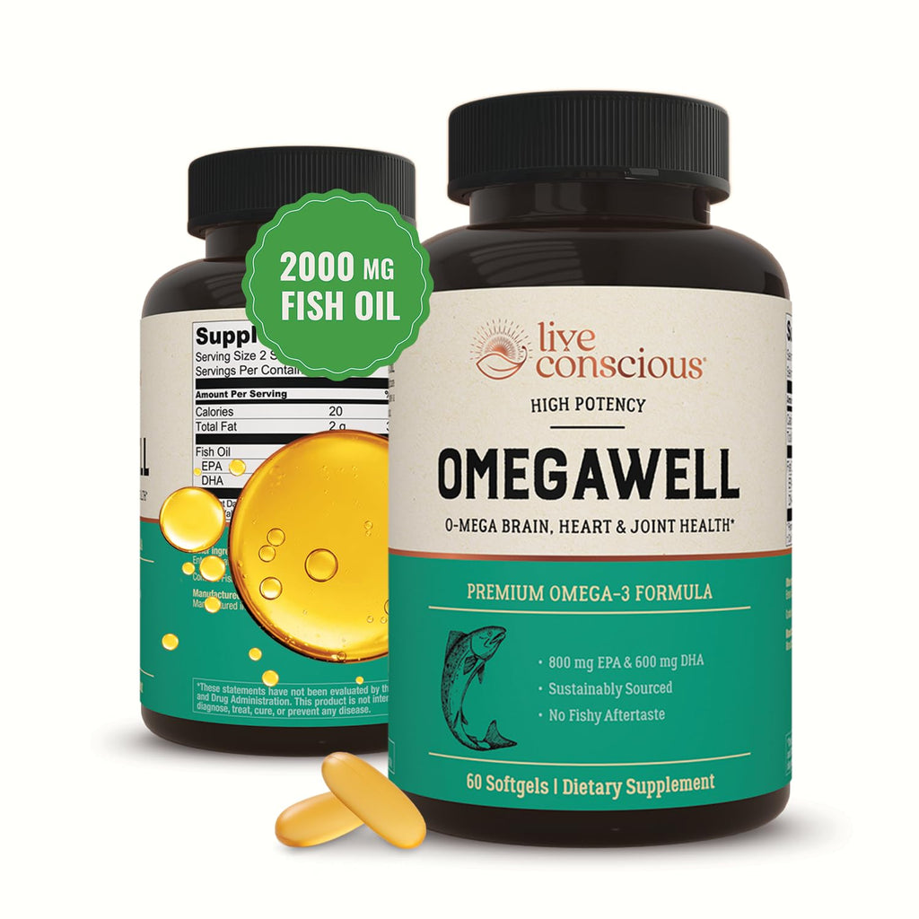 Live Conscious OmegaWell Omega 3 Fish Oil - 2000mg Capsules: Heart, Brain, & Joint Support - 800 mg EPA 600 mg DHA - Sustainably Sourced - Softgels - 30 Day Supply - FENGGESTORE20