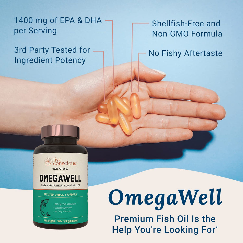 Live Conscious OmegaWell Omega 3 Fish Oil - 2000mg Capsules: Heart, Brain, & Joint Support - 800 mg EPA 600 mg DHA - Sustainably Sourced - Softgels - 30 Day Supply - FENGGESTORE20