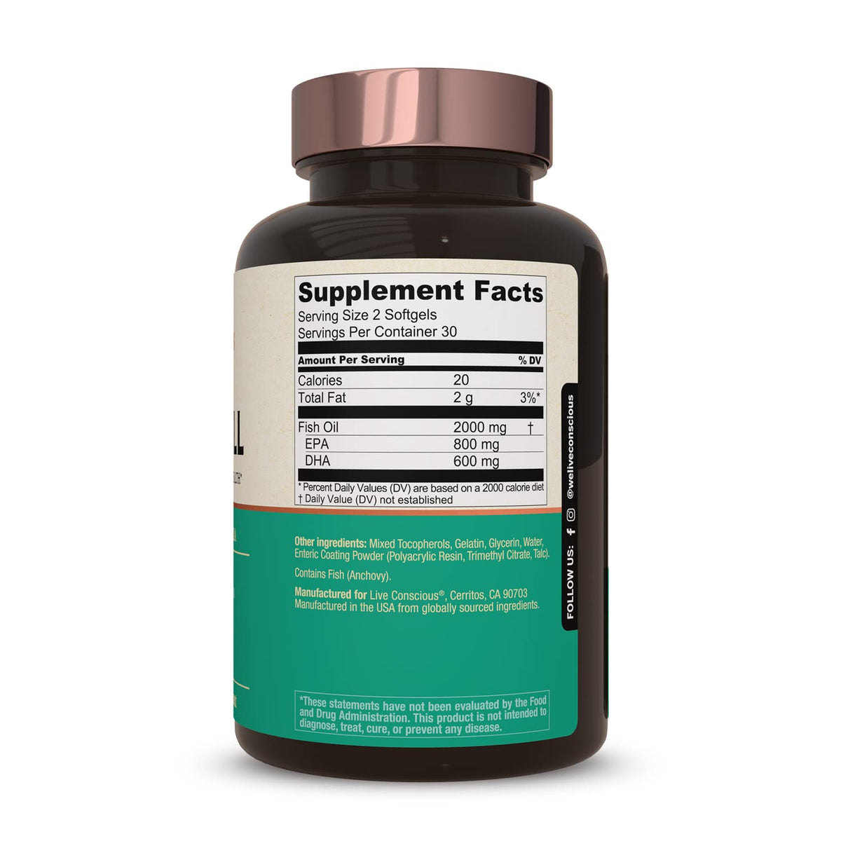 Live Conscious OmegaWell Omega 3 Fish Oil - 2000mg Capsules: Heart, Brain, & Joint Support - 800 mg EPA 600 mg DHA - Sustainably Sourced - Softgels - 30 Day Supply - FENGGESTORE20