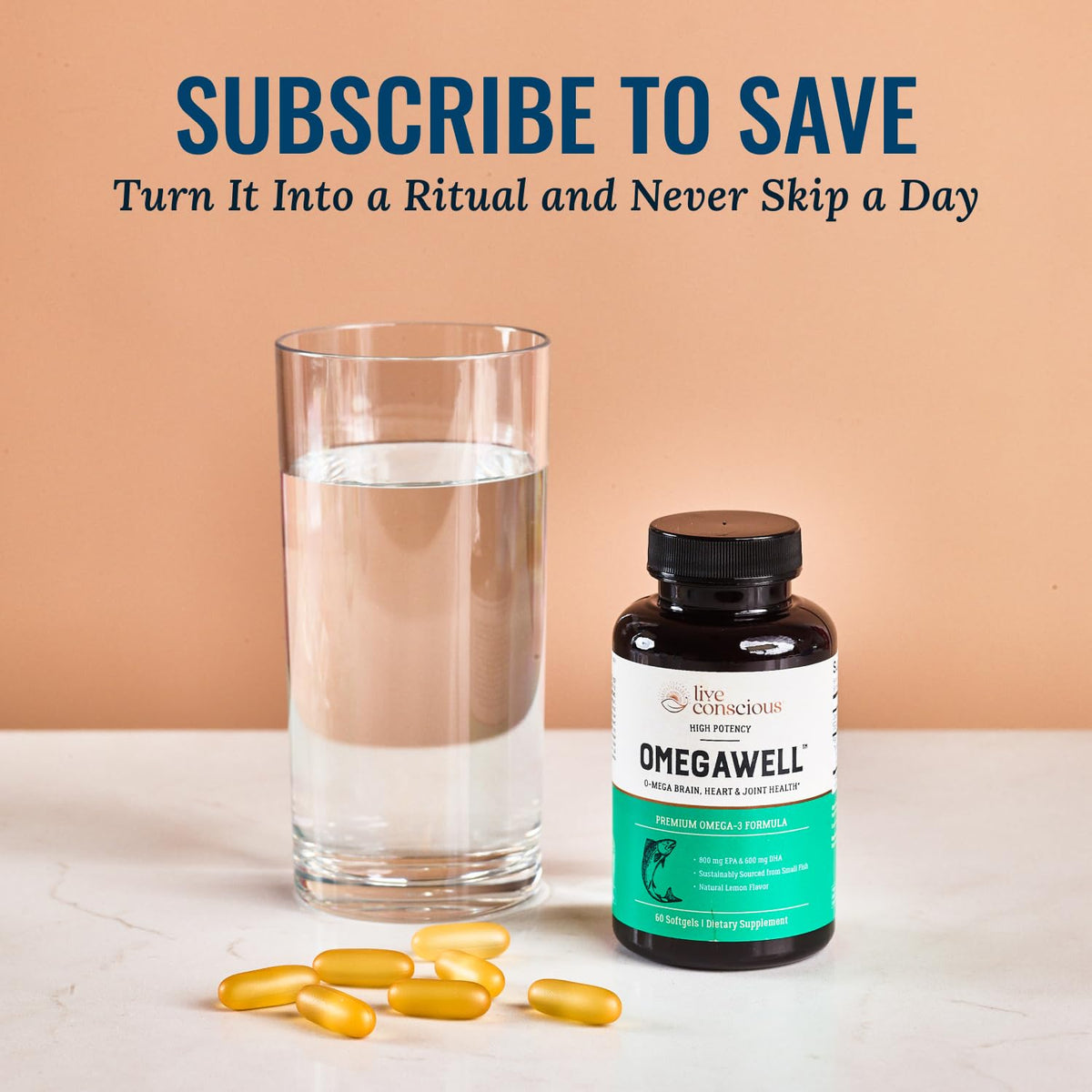 Live Conscious OmegaWell Omega 3 Fish Oil - 2000mg Capsules: Heart, Brain, & Joint Support - 800 mg EPA 600 mg DHA - Sustainably Sourced - Softgels - 30 Day Supply - FENGGESTORE20