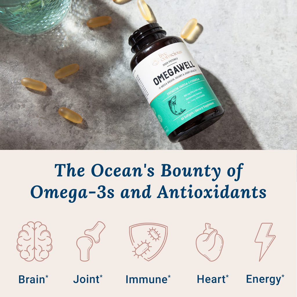 Live Conscious OmegaWell Omega 3 Fish Oil - 2000mg Capsules: Heart, Brain, & Joint Support - 800 mg EPA 600 mg DHA - Sustainably Sourced - Softgels - 30 Day Supply - FENGGESTORE20