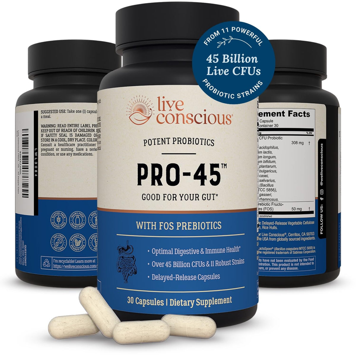 Live Conscious PRO45 Probiotics for Women & Men: Comprehensive Formula, 45 Billion CFU, 11 Strains, Dairy Free - w/Prebiotics and Probiotics - FENGGESTORE20