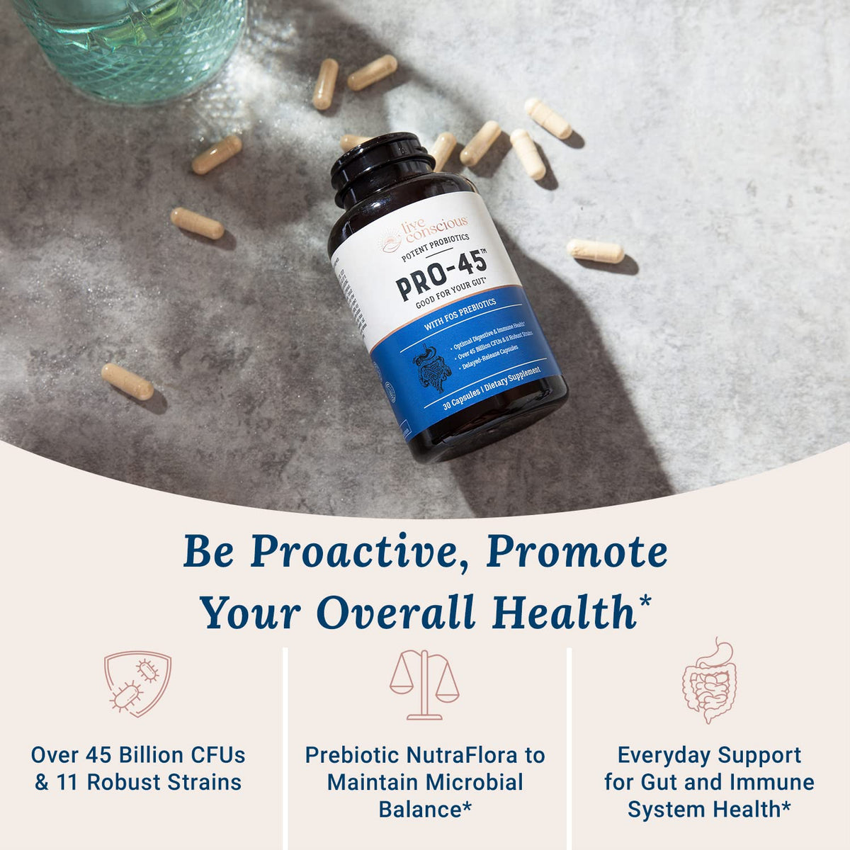 Live Conscious PRO45 Probiotics for Women & Men: Comprehensive Formula, 45 Billion CFU, 11 Strains, Dairy Free - w/Prebiotics and Probiotics - FENGGESTORE20