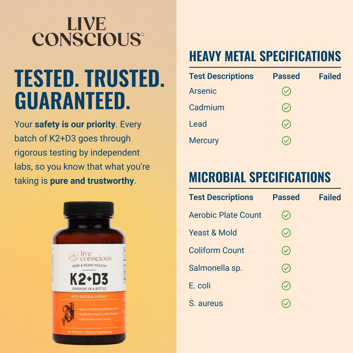 Live Conscious Vitamin K2 MK7 with D3 Supplement | Bone & Heart Health Support - Patented Vitamin K & Vitamin D3 5000 IU - 60 Softgels - FENGGESTORE20