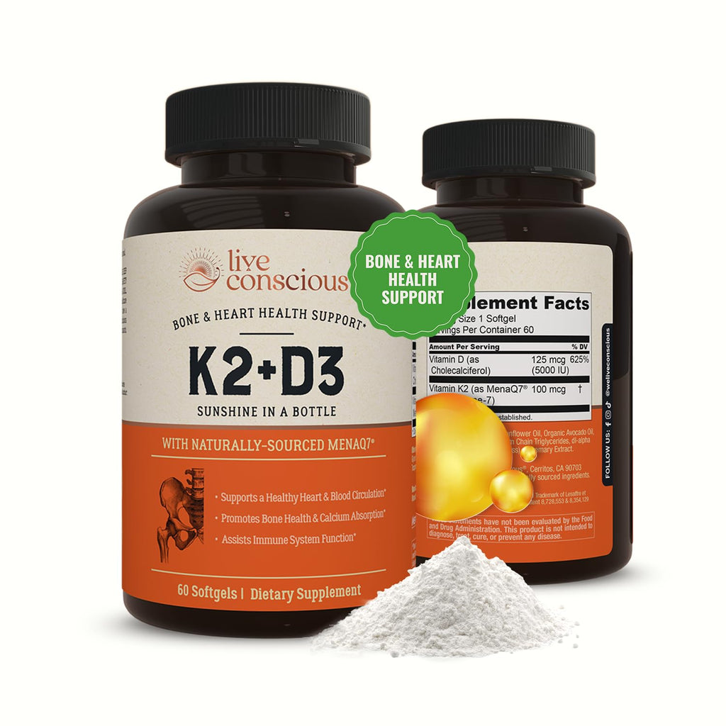 Live Conscious Vitamin K2 MK7 with D3 Supplement | Bone & Heart Health Support - Patented Vitamin K & Vitamin D3 5000 IU - 60 Softgels - FENGGESTORE20