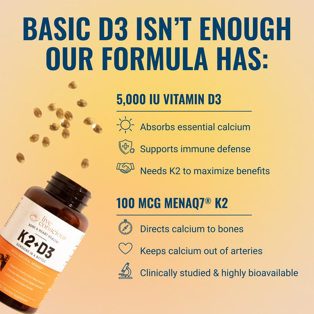 Live Conscious Vitamin K2 MK7 with D3 Supplement | Bone & Heart Health Support - Patented Vitamin K & Vitamin D3 5000 IU - 60 Softgels - FENGGESTORE20