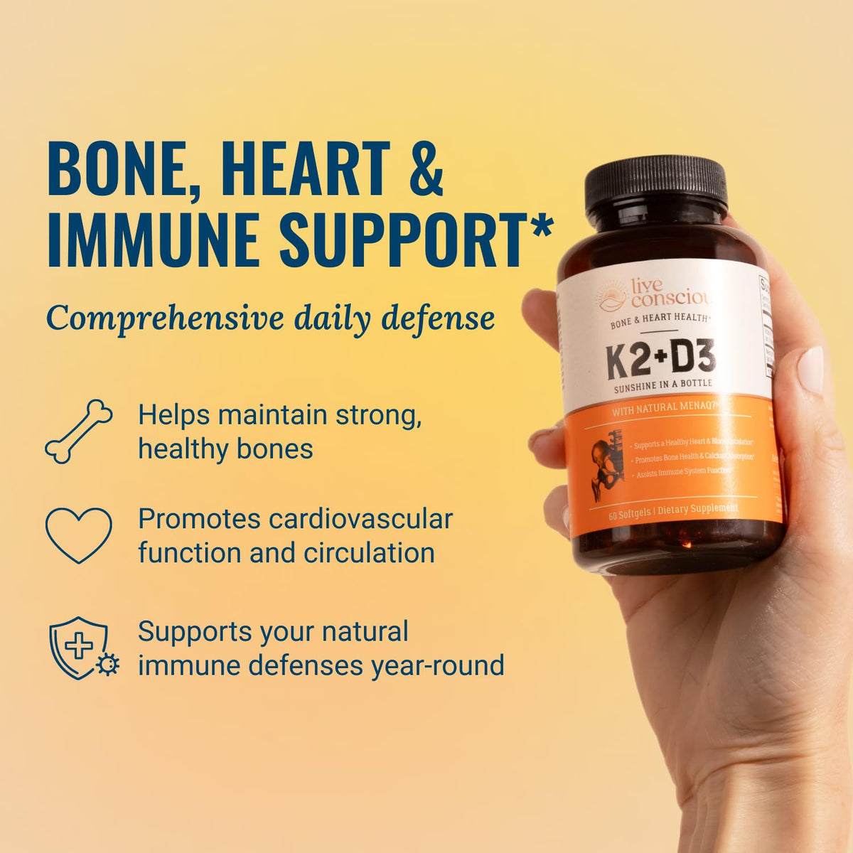 Live Conscious Vitamin K2 MK7 with D3 Supplement | Bone & Heart Health Support - Patented Vitamin K & Vitamin D3 5000 IU - 60 Softgels - FENGGESTORE20