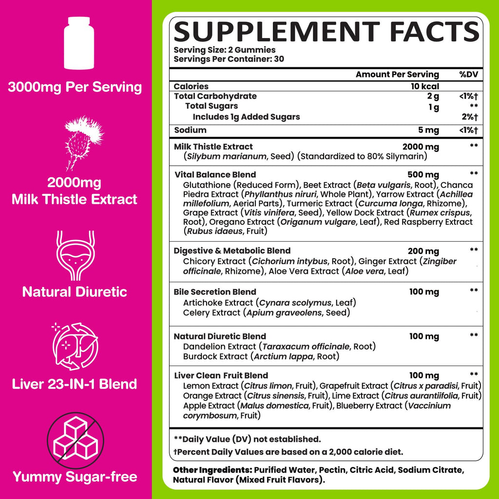 Liver Detox Cleanse & Repair, 2000 mg Milk Thistle Liver Detox, Liver Support Supplement with Glutathione, Dandelion Root, Turmeric & Artichoke, 23-in-1Herbal - FENGGESTORE20