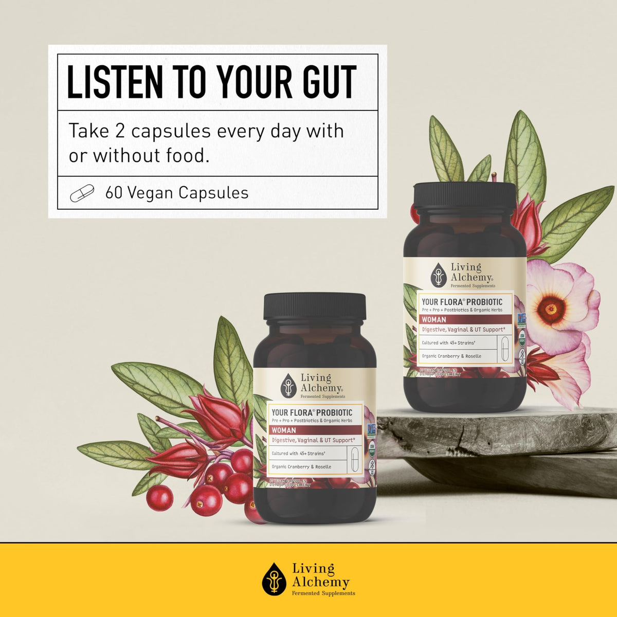 Living Alchemy Gut Health Supplements for Women - Your Flora Probiotics Women with Fermented Soybean, Cranberry Juice, Roselle, Prebiotics, Digestive Enzyme, & Probiotics - Vegan, Non-GMO, 60 Pcs - FENGGESTORE20