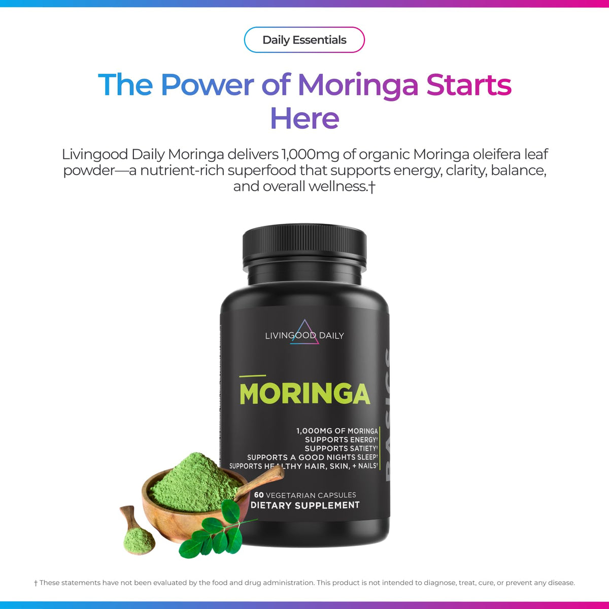 Livingood Daily Moringa Capsules, Moringa Supplement for Energy, Sleep, Satiety, Hair, Skin, Nails & Wellness, Plant Based Vegetarian, Gluten Free, Non GMO, Vegan, Daily Greens Superfood, 60 Capsules - FENGGESTORE20