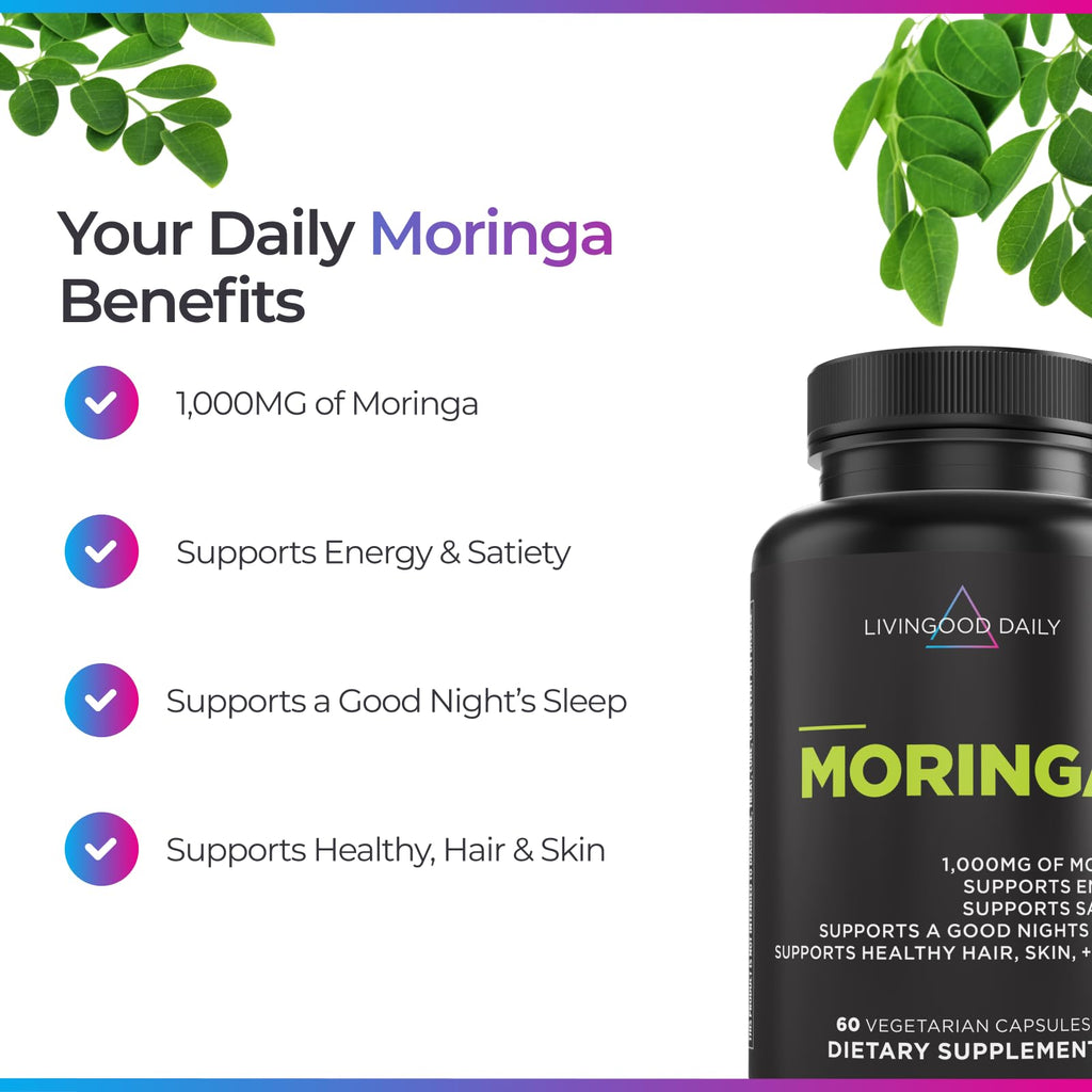 Livingood Daily Moringa Capsules, Moringa Supplement for Energy, Sleep, Satiety, Hair, Skin, Nails & Wellness, Plant Based Vegetarian, Gluten Free, Non GMO, Vegan, Daily Greens Superfood, 60 Capsules - FENGGESTORE20