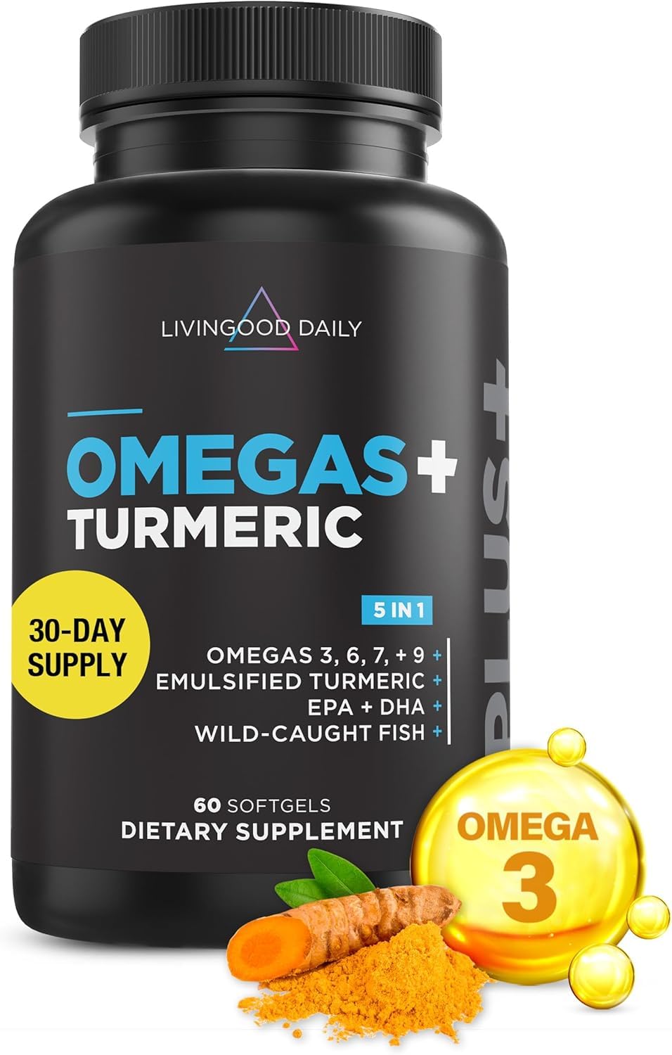 Livingood Daily Omega 3 6 9 Plus Turmeric Curcumin Supplement, 60 Softgels - Fish Oil Omega 3 Supplements (EPA & DHA) for Men and Women - Brain, Joint, Heart Health, and Metabolism - Made in USA - FENGGESTORE20