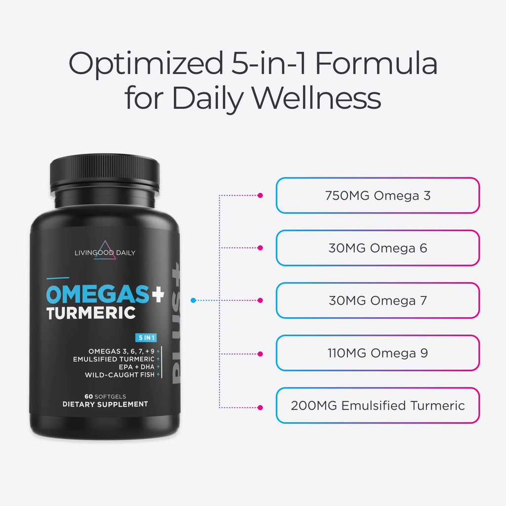 Livingood Daily Omega 3 6 9 Plus Turmeric Curcumin Supplement, 60 Softgels - Fish Oil Omega 3 Supplements (EPA & DHA) for Men and Women - Brain, Joint, Heart Health, and Metabolism - Made in USA - FENGGESTORE20