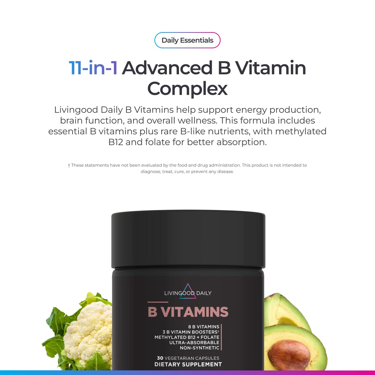 Livingood Daily Vitamin B Complex Capsules for Men and Women, Methylated B12 & Folate, 11 Active Forms Including B1 B2 B3 B5 B6 & Biotin, Gluten Free - FENGGESTORE20