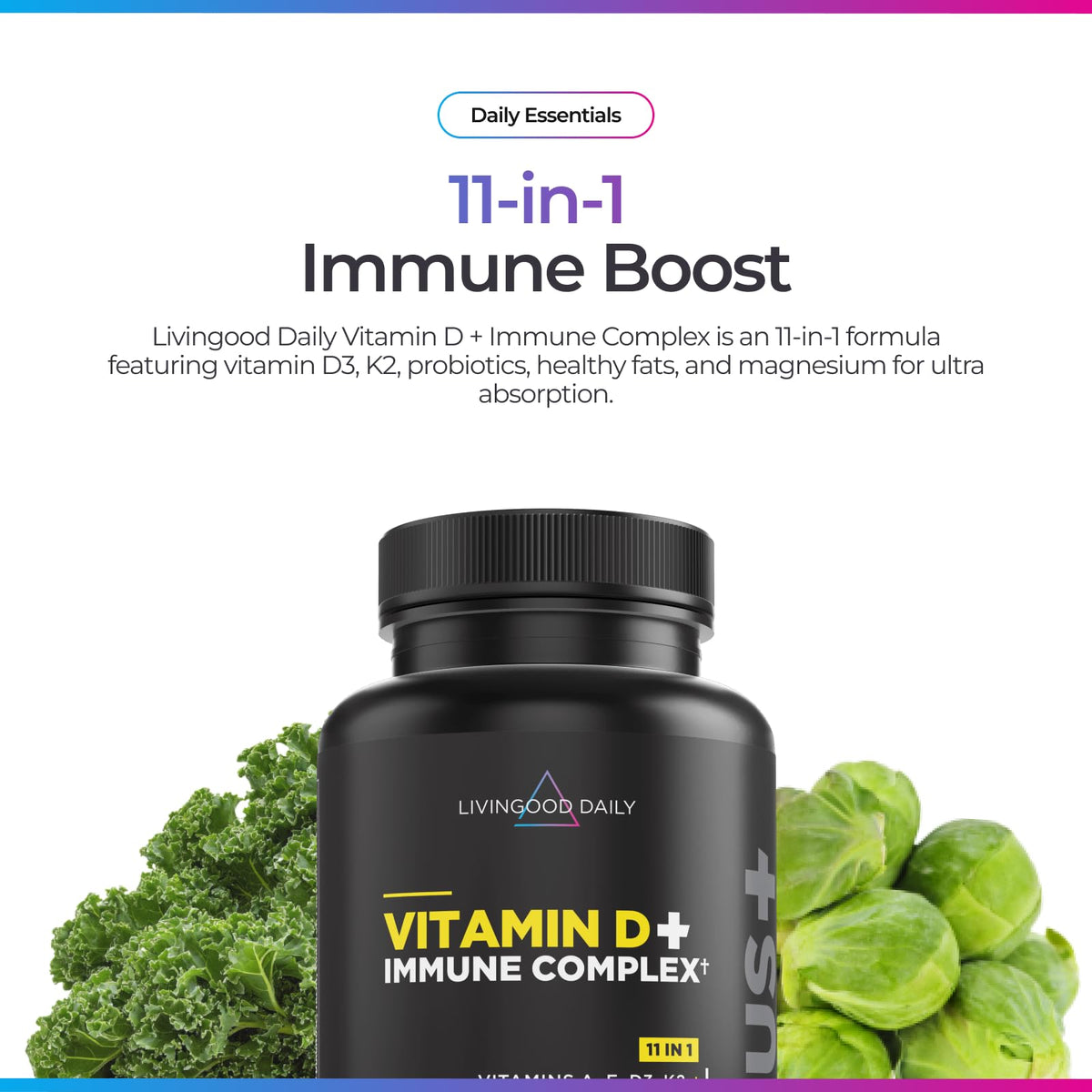 Livingood Daily Vitamin D3 K2 4000 IU Supplement, 9-in-1 Dietary Supplement for Immune Support - Made with Vitamins D, A, E, K2, Zinc, Magnesium & Probiotic Blend for Maximum Absorption - 60 Capsules - FENGGESTORE20