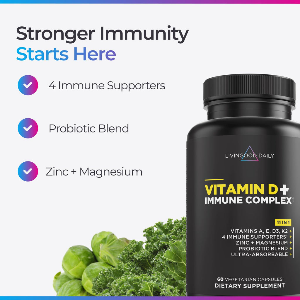 Livingood Daily Vitamin D3 K2 4000 IU Supplement, 9-in-1 Dietary Supplement for Immune Support - Made with Vitamins D, A, E, K2, Zinc, Magnesium & Probiotic Blend for Maximum Absorption - 60 Capsules - FENGGESTORE20