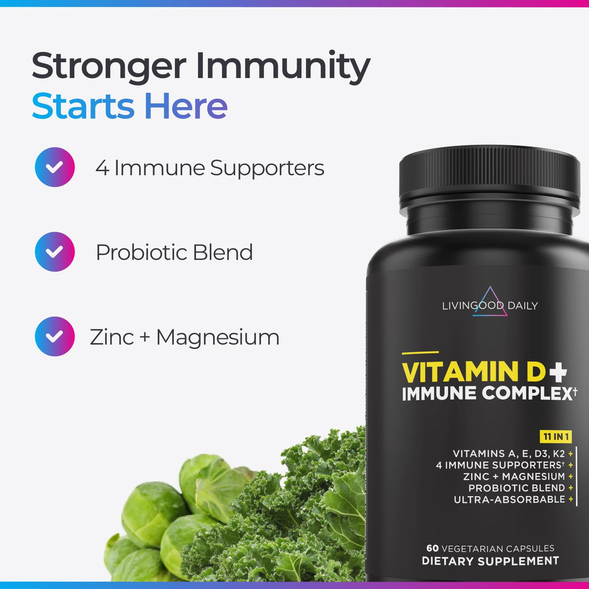 Livingood Daily Vitamin D3 K2 4000 IU Supplement, 9-in-1 Dietary Supplement for Immune Support - Made with Vitamins D, A, E, K2, Zinc, Magnesium & Probiotic Blend for Maximum Absorption - 60 Capsules - FENGGESTORE20
