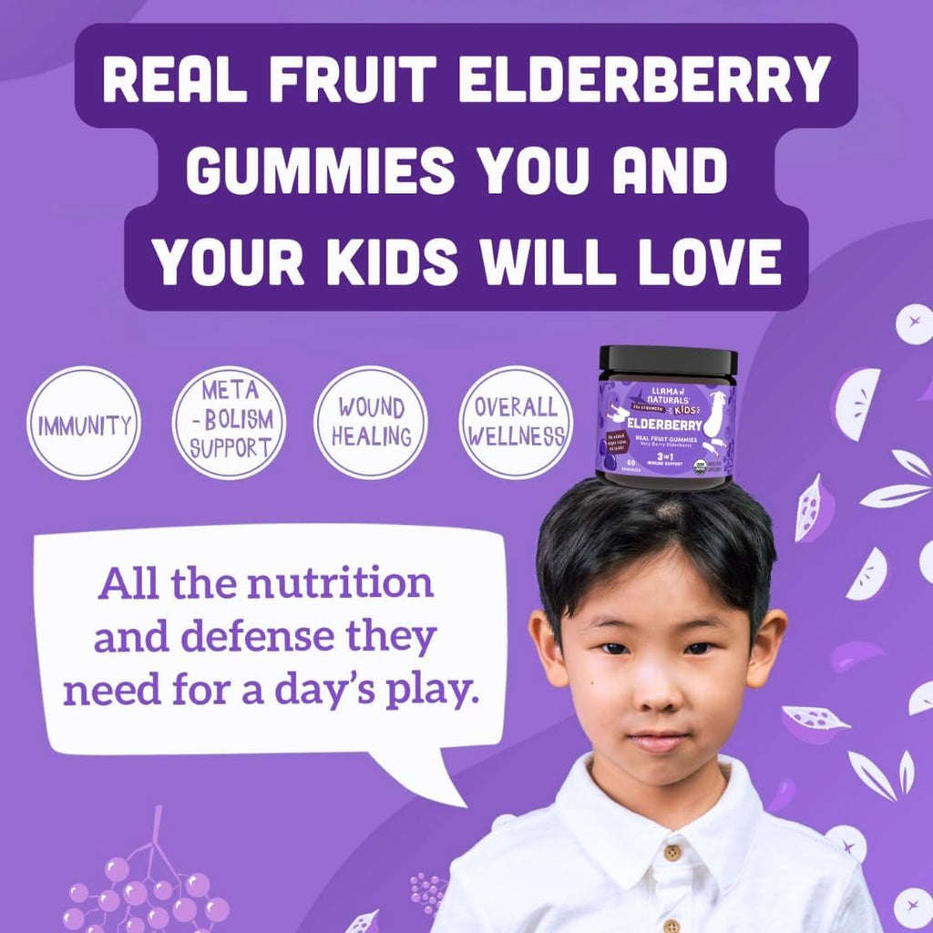 Llama Naturals Elderberry Gummies for Kids, Vegan, Organic Immune Support Supplement with Vitamin C and Zinc, Toddler Real Fruit Gummy Vitamins for Immunity - FENGGESTORE20