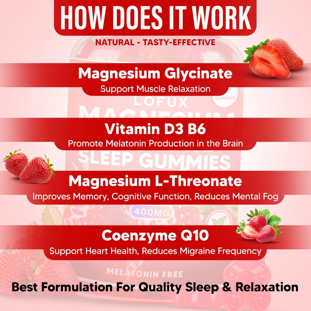 Lofux Magnesium Glycinate Gummies 400mg, Sugar Free Magnesium Gummies for Adults Women, Men, Chewable Supplement Gummy with L-Threonate, Vitamin D, B6, CoQ10 - FENGGESTORE20