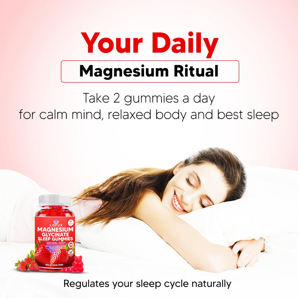 Lofux Magnesium Glycinate Gummies 400mg, Sugar Free Magnesium Gummies for Adults Women, Men, Chewable Supplement Gummy with L-Threonate, Vitamin D, B6, CoQ10 - FENGGESTORE20