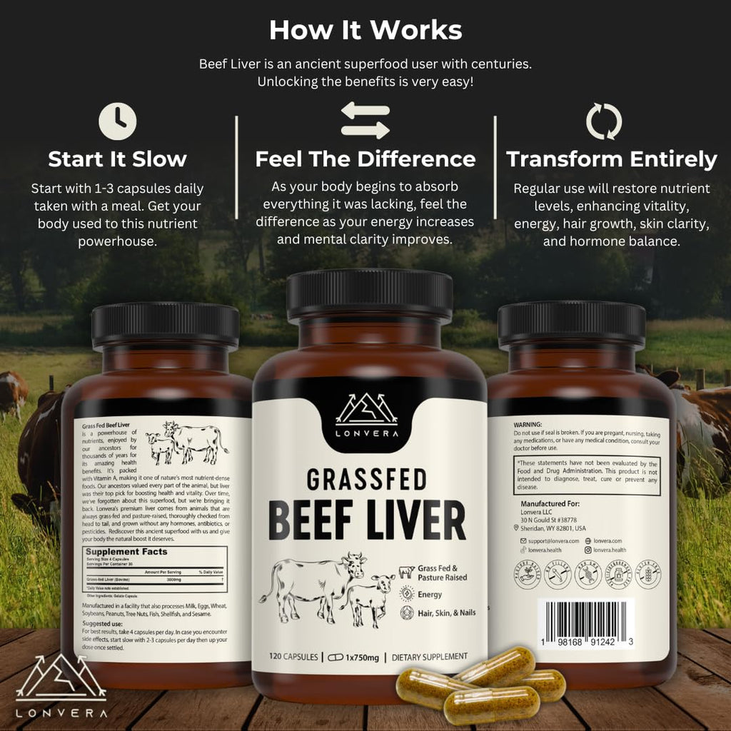 Lonvera Grass Fed Beef Liver Capsules for Women and Men – 3000mg Freeze Dried Desiccated Organs – Nutrient Source for Joints, Bones, Hair, Skin - FENGGESTORE20