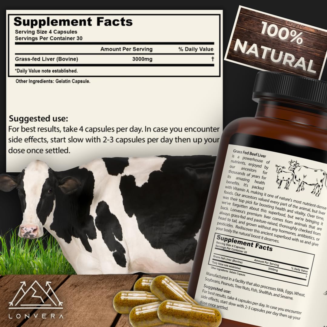 Lonvera Grass Fed Beef Liver Capsules for Women and Men – 3000mg Freeze Dried Desiccated Organs – Nutrient Source for Joints, Bones, Hair, Skin - FENGGESTORE20