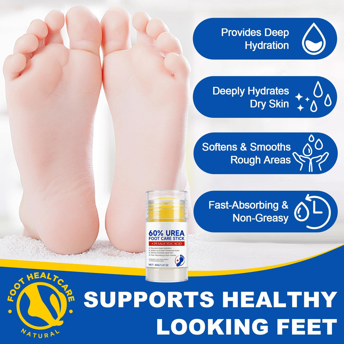 Loobexery 2 Pcs 60% Urea with 2% Salicylic Acid Foot Care Stick, Urea Foot Cream for Cracked Feet, Repairs Dry Rough Heels Fast, Foot Lotion Moisturizer for Dead Skin, Hydrating Heel Balm - FENGGESTORE20