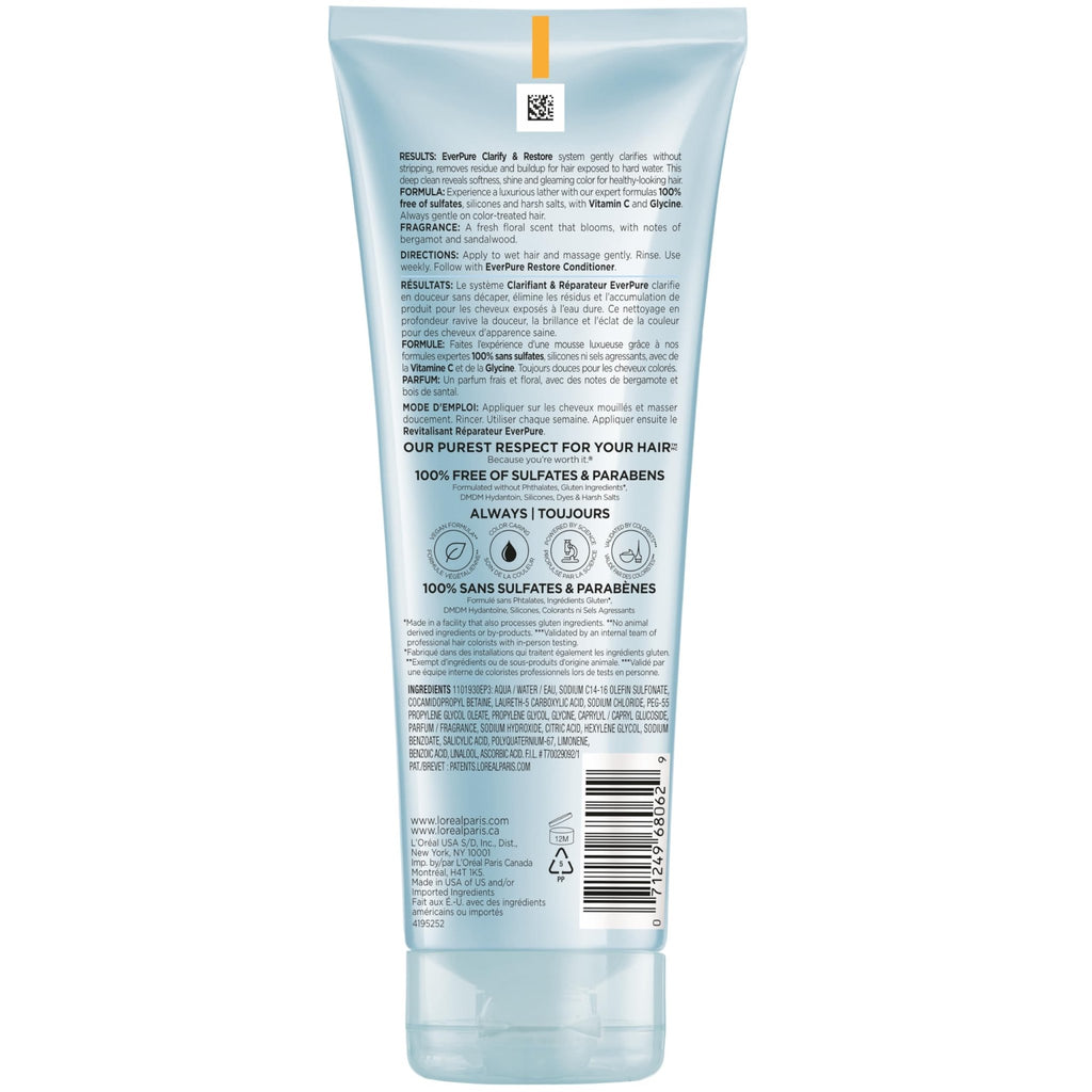 L'Oreal Paris Clarify Sulfate Free Shampoo with Antioxidants, Clarifying Shampoo for Hard Water Exposure and Styling Build-up, EverPure, 6.8 Fl Oz - FENGGESTORE20