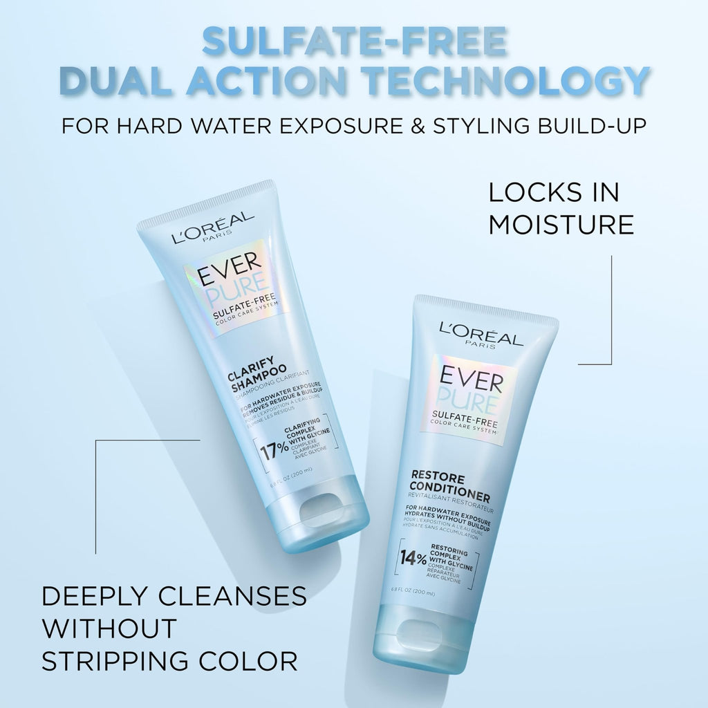 L'Oreal Paris Clarify Sulfate Free Shampoo with Antioxidants, Clarifying Shampoo for Hard Water Exposure and Styling Build-up, EverPure, 6.8 Fl Oz - FENGGESTORE20