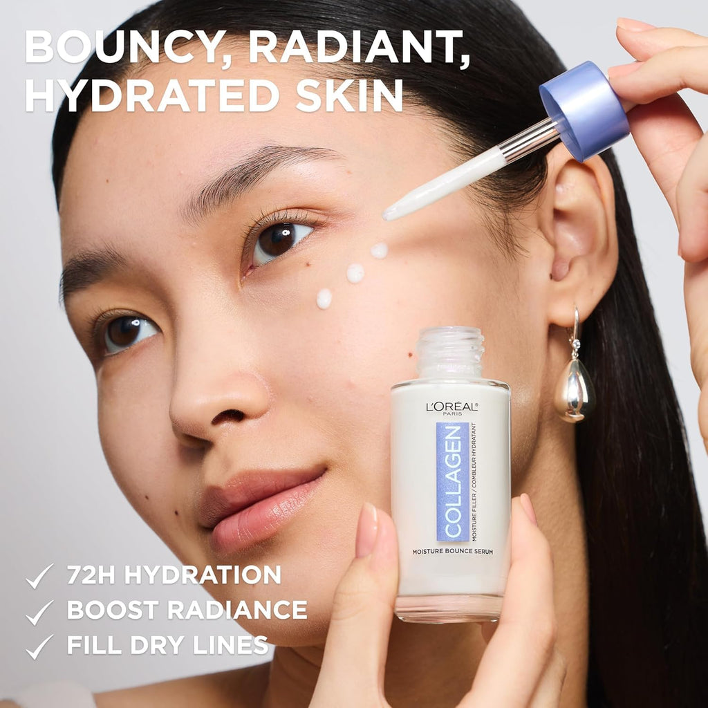 L'Oreal Paris Collagen Moisture Filler Moisture Bounce Face Serum, Glow Serum with Collagen, Glycerin, and Squalane for Bouncy - FENGGESTORE20