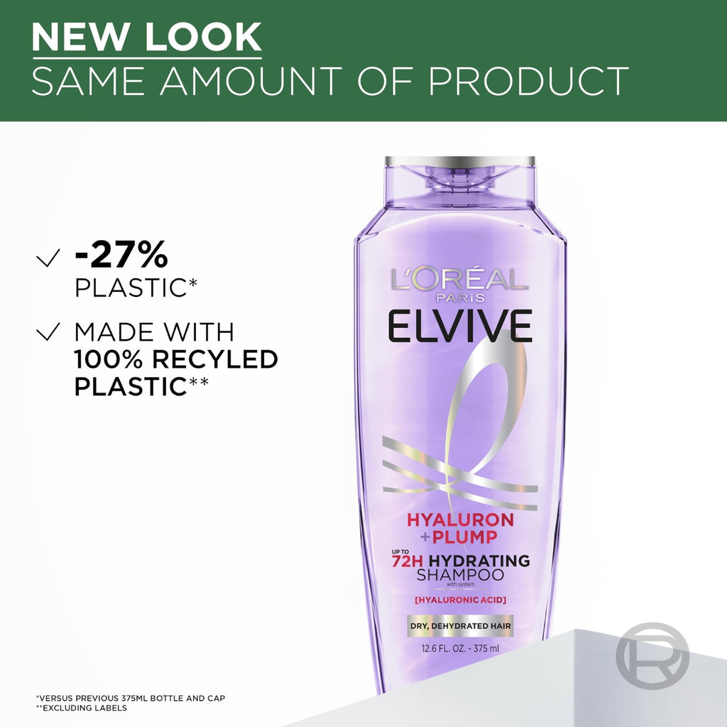 L'Oreal Paris Elvive Hyaluron Plump Hydrating Shampoo for Dehydrated, Dry Hair Infused - FENGGESTORE20