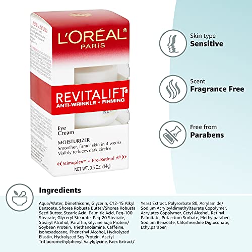 L'Oreal Paris Skincare Revitalift Anti-Wrinkle and Firming Eye Cream with Pro Retinol, Treatment to Reduce Dark Circles, Fragrance Free, 0.5 oz. - FENGGESTORE20