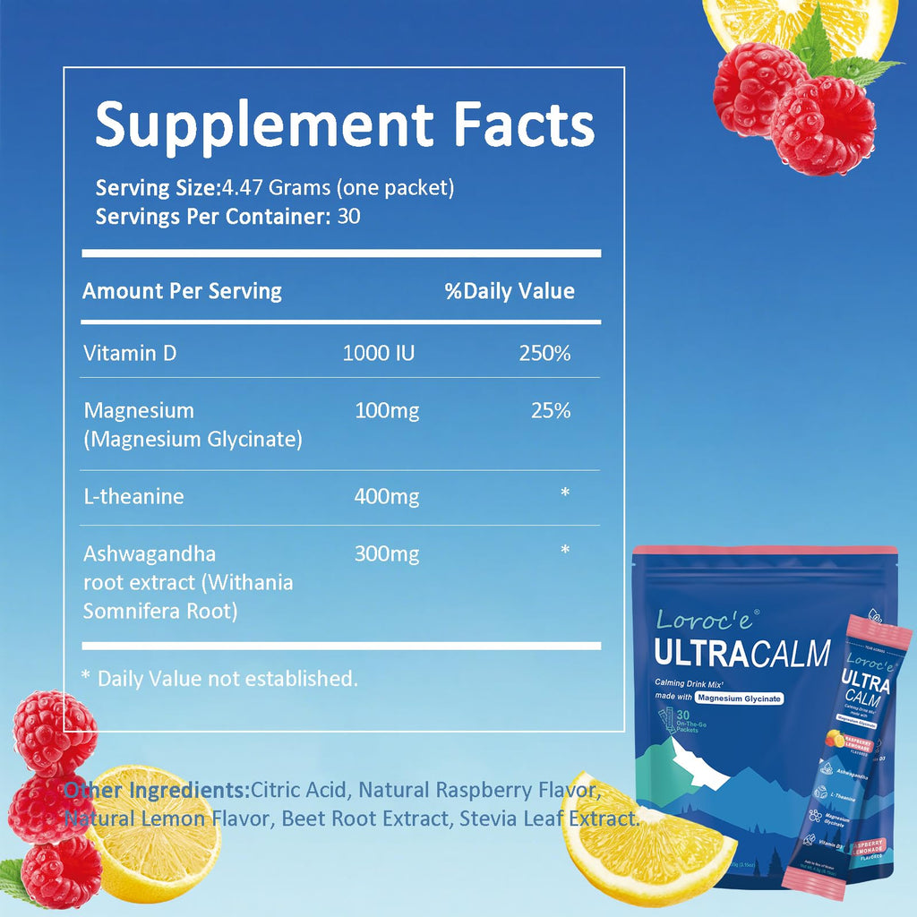 Loroc'e UltraCalm Super Cortisol Reducer Drink, Magnesium Glycinate (30 Servings), L-theanine, Ashwagandha, Vitamin D, No Sugar, - FENGGESTORE20