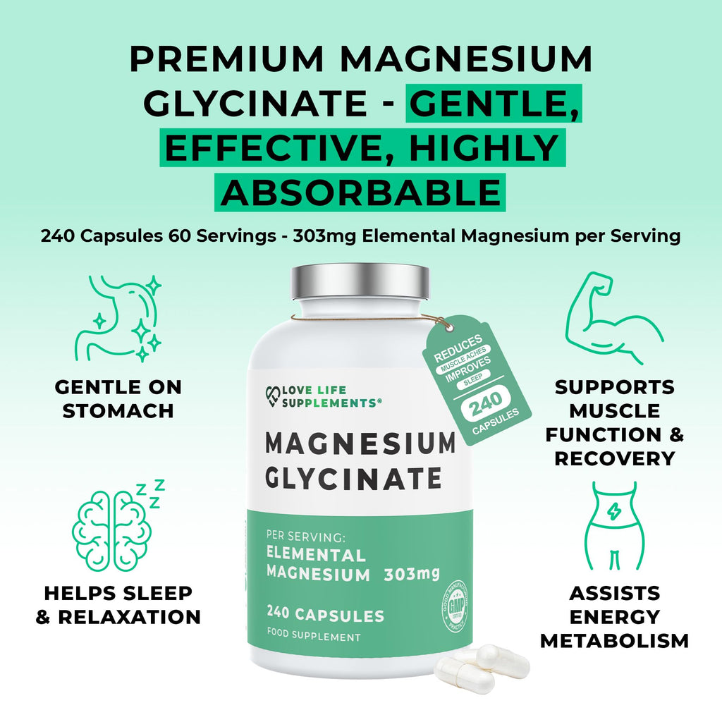 Love Life Supplements Pure Magnesium Glycinate (Bisglycinate), 240 Vegan Capsules, 2 Month Supply, High Strength 300mg Elemental - FENGGESTORE20