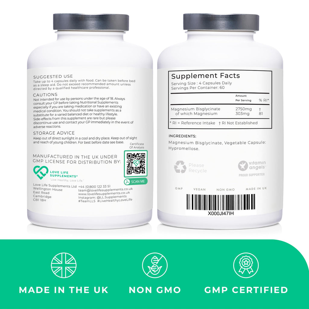 Love Life Supplements Pure Magnesium Glycinate (Bisglycinate), 240 Vegan Capsules, 2 Month Supply, High Strength 300mg Elemental - FENGGESTORE20