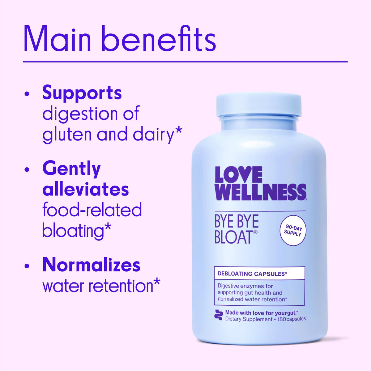 Love Wellness Bye Bye Bloat, Digestive Enzymes | Bloating Relief for Women | Help Reduce Gas Relief & Water Retention | Supports Digestive Health with Fenugreek & Dandelion | 180 Count - FENGGESTORE20