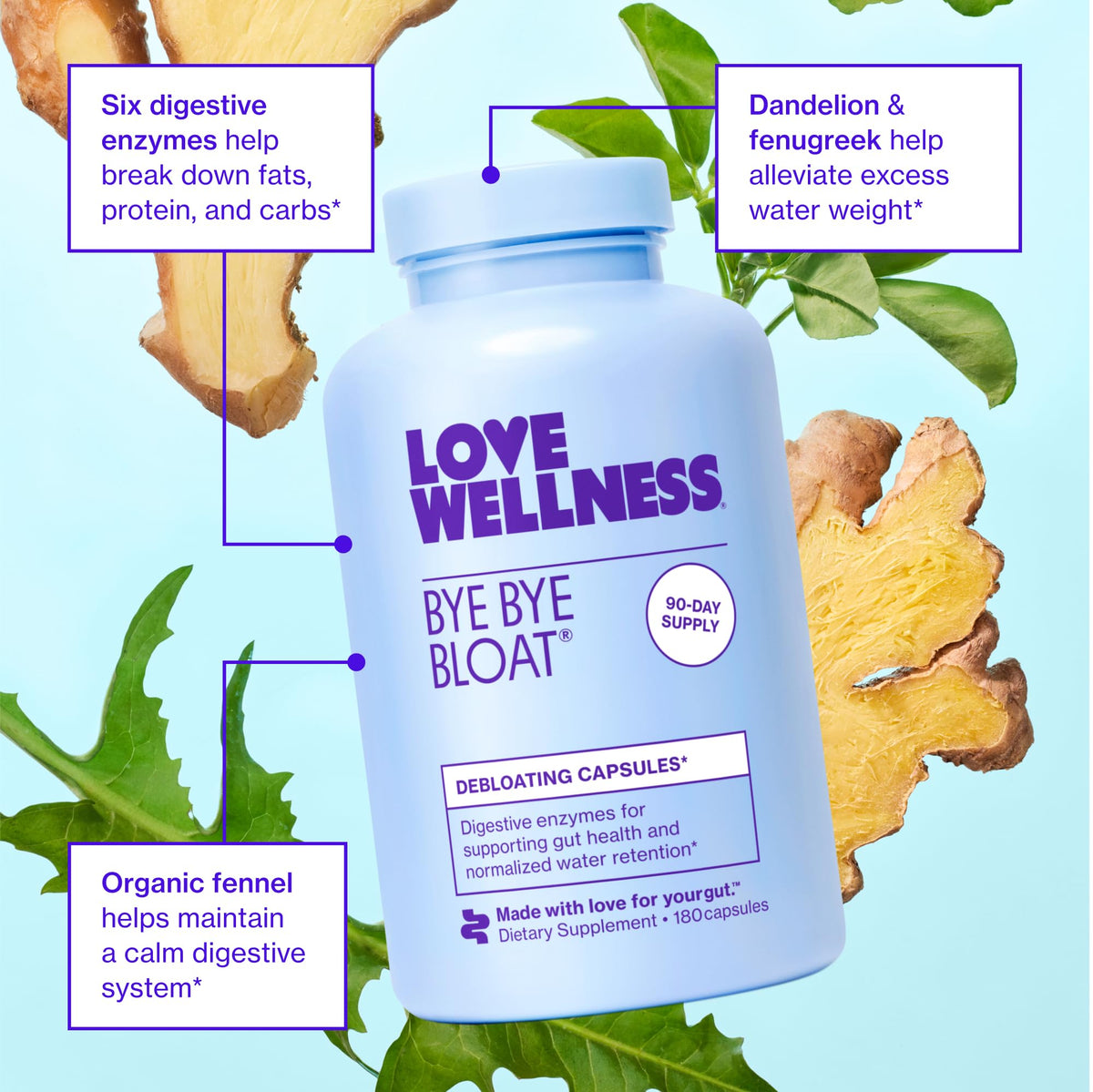Love Wellness Bye Bye Bloat, Digestive Enzymes | Bloating Relief for Women | Help Reduce Gas Relief & Water Retention | Supports Digestive Health with Fenugreek & Dandelion | 180 Count - FENGGESTORE20
