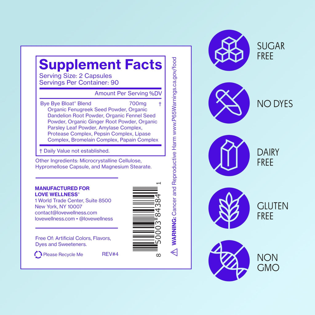 Love Wellness Bye Bye Bloat, Digestive Enzymes | Bloating Relief for Women | Help Reduce Gas Relief & Water Retention | Supports Digestive Health with Fenugreek & Dandelion | 180 Count - FENGGESTORE20