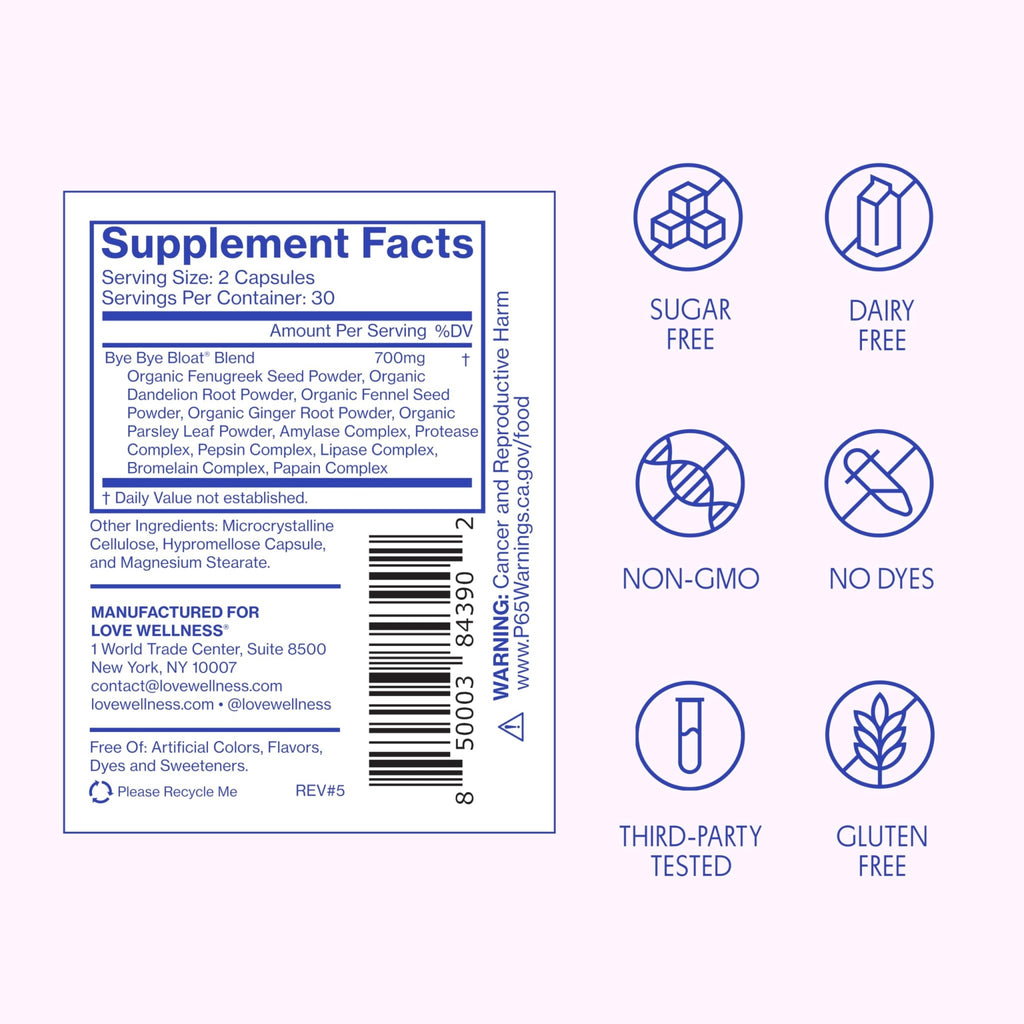 Love Wellness Bye Bye Bloat | Digestive Enzymes for Fast Acting Bloating Relief for Women | Helps Reduce Water Retention & Gas Relief | Supports Digestive Health with Fenugreek & Dandelion | 60 Count - FENGGESTORE20