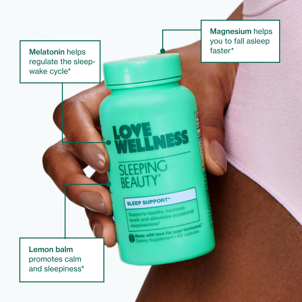 Love Wellness Sleeping Beauty | Sleep Support with Melatonin, Magnesium & L-Theanine | Promotes Restful Sleep, Relaxation & Calmness | Organic Valerian Root Powder & Lemon Balm | 60 Count - FENGGESTORE20